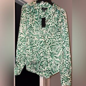 Rafaella Green and White Relaxed Blouse with Peter Pan Collar